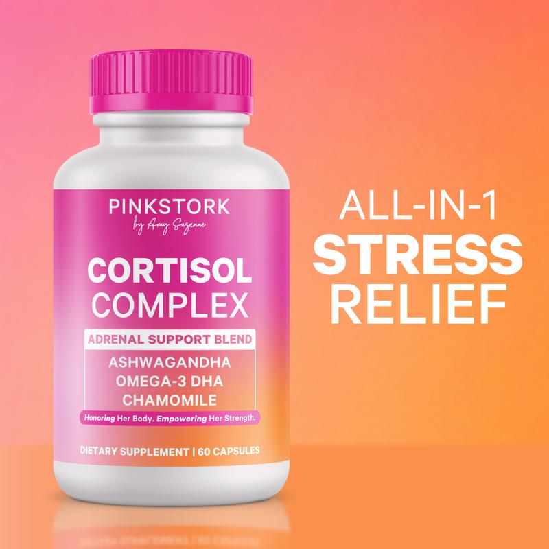 Pink Stork Cortisol Complex | Adrenal + Stress Supplement for Women | Healthy Mood + Energy | Organic Ashwagandha, Omega 3 DHA, Chamomile, Saffron, Vitamin D, 1-Month Supply, Adaptogens + Vitamin Blend, Selfcare for Wome