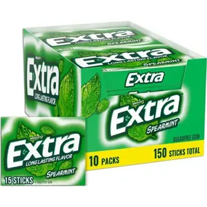Sugarfree Spearmint Flavor Chewing Gum Snack, Bulk Individually Wrapped, 15-Count Packs (Pack of 10), Ideal for Long-Lasting Fresh Breath at Work & Travel