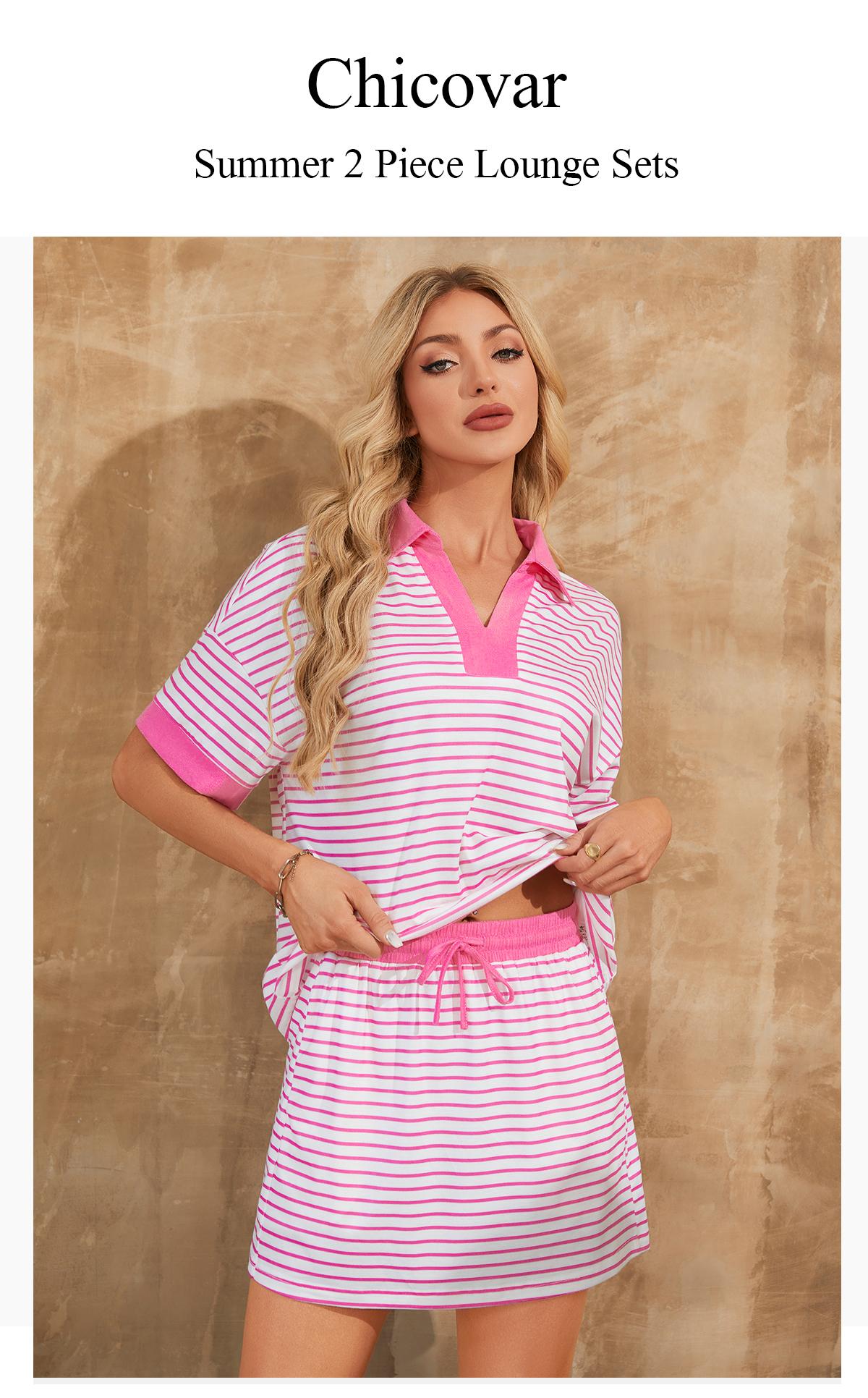 Chicovar Striped 2 Piece Outfits Casual Set Short Sleeve V-Neck Polo Skort with Built-in Shorts & Pockets, Adjustable Waist, Stretchy & Comfortable, Lounge Sets, Athleisure, Comfyoutfit, Summervibes
