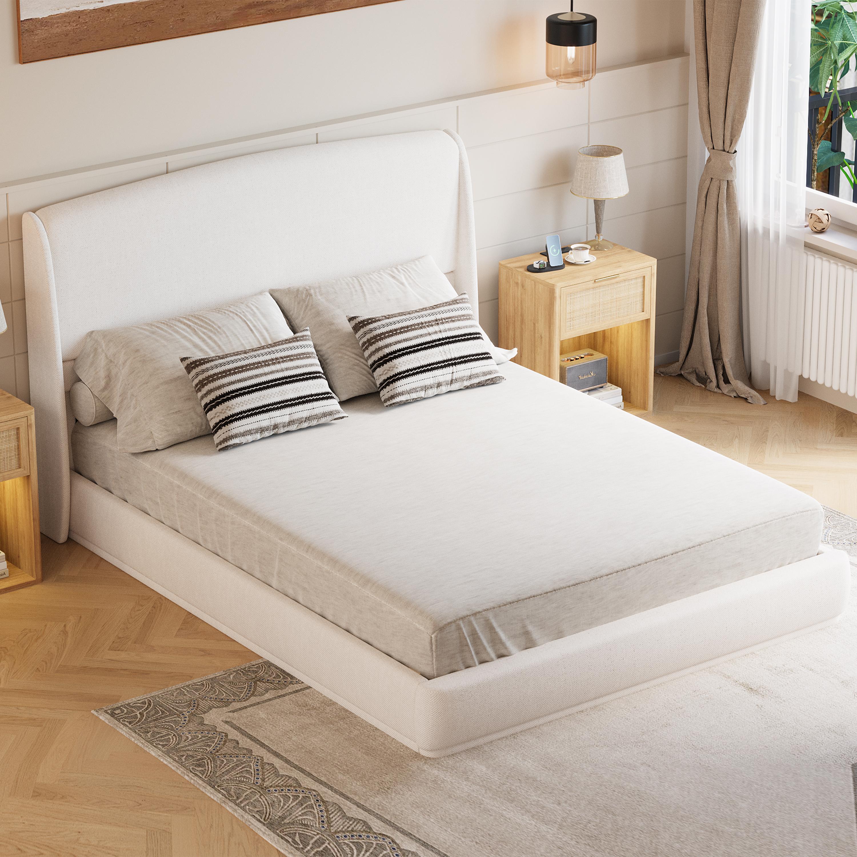 Upholstered Queen Bed Frame with Wingback Headboard, Low Profile Platform Bed with Padded Headboard, No Box Spring Needed, Easy Assembly, Elegant Linen Fabric, Brown/Beige Upholstered Queen Bed Frame with Wingback Headboard, Low Profile Platform Bed with Padded Headboard, No Box Spring Needed, Easy Assembly, Elegant Linen Fabric, Brown/Beige