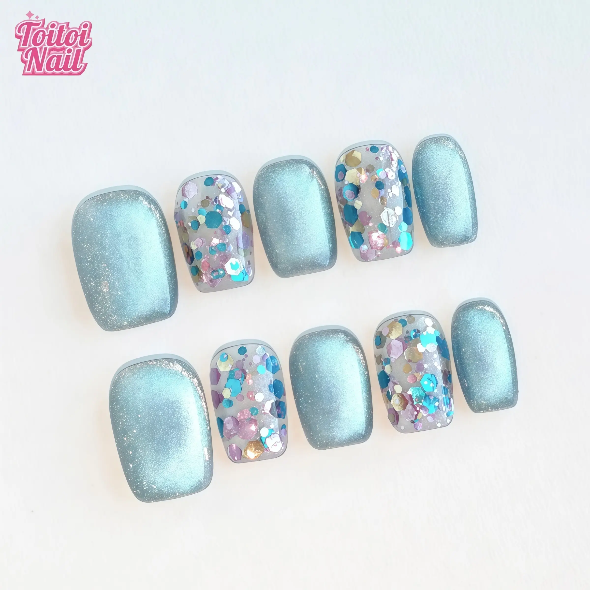 Glacier Glitter Handmade Press-On Nails, Glitter Decorative Nails | Short Square Shape, 10pcs | Glacier Glitter Design | Icy Blue Matte Shimmer & Iridescent Chunky Glitter | Reusable DIY Nail Kit for Women | Trendy Nails for Spring, Summer