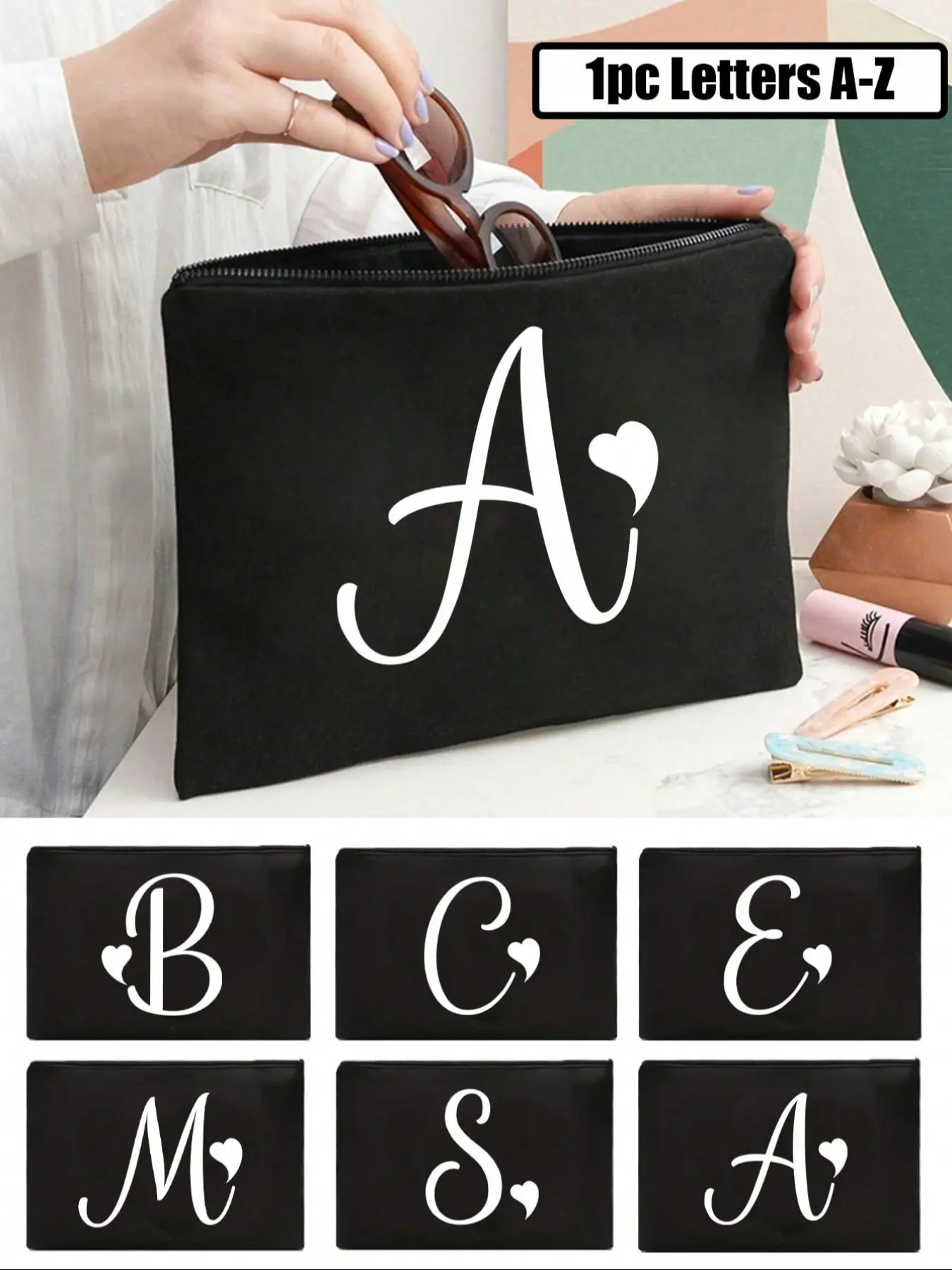 1pc Black Large-Capacity Cosmetic Bag, Makeup Bags, Makeup Organizer Pouch, Cosmetics Organizer, Printed With White Artistic Letters A-Z And A Heart Pattern, Suitable For Travel, Toiletry, Multi-Functional Storage, Jewelry Storage