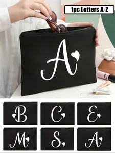 1pc Black Large-Capacity Cosmetic Bag, Makeup Organizer Pouch, Printed With White Artistic Letters A-Z And A Heart Pattern, Suitable For Travel, Toiletry, Multi-Functional Storage, Jewelry Storage