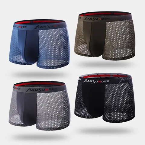 Men's Semi-Transparent Mesh Boxer Briefs (4-Pack) - Ice Silk Bamboo Fiber Sports Underwear, Steady Boxer Brief Fit, Luxe Soft, Lightweight, Breathable, Moisture-Wicking, Quick-Dry, Anti-Odor, Machine-Washable, Multicolor Summer Gym Essential, Semi-Transpa