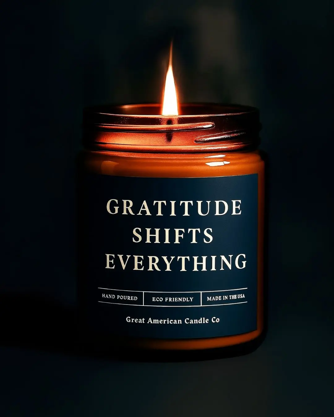 Great American Candle Co. Gratitude Shifts Everything Amber Jar Candle Hand Poured in USA Vegan Organic Wax Blend Eco Friendly Decor Tin with Natural Wax and Gold Lid for Reflection and Ornaments