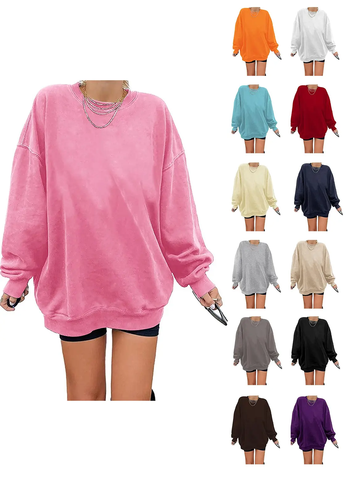 FISOEW Women's Oversized Cozy Cotton Long-Sleeve Drop Shoulder Hoodie Sweatshirt - Pure Color, Round/Mock Neck, Thick Casual Pullover Lady Tops for Women Daily Wear