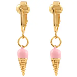 Pink Ice Cream Cones Gold Clip On Dangling Earrings