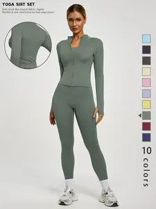 New Women's Solid Color Casual Fashion High-End Long Sleeve Quick-Dry Sports Set, Yoga Essential Jacket, Elastic Tight Yoga Pants, Activewear Clothing