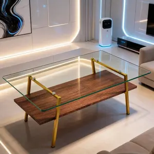 Glass Coffee Table, Modern Rectangle Tempered Glass Coffee Tables for Living Room, 2-Tier Coffee Table with Storage Clear Cocktail Table for Small Space Home Office (Clear Glass + Gold Legs)
