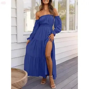 YehGoods 2026 Women's Off The Shoulder Maxi Dress Puff Long Sleeve Ruffle High Slit Boho Flowy Tiered Long Dresses for Summer Party Beach graduation grad line black tie wedding guest Navy Blue Sleeveless Elegant formal women