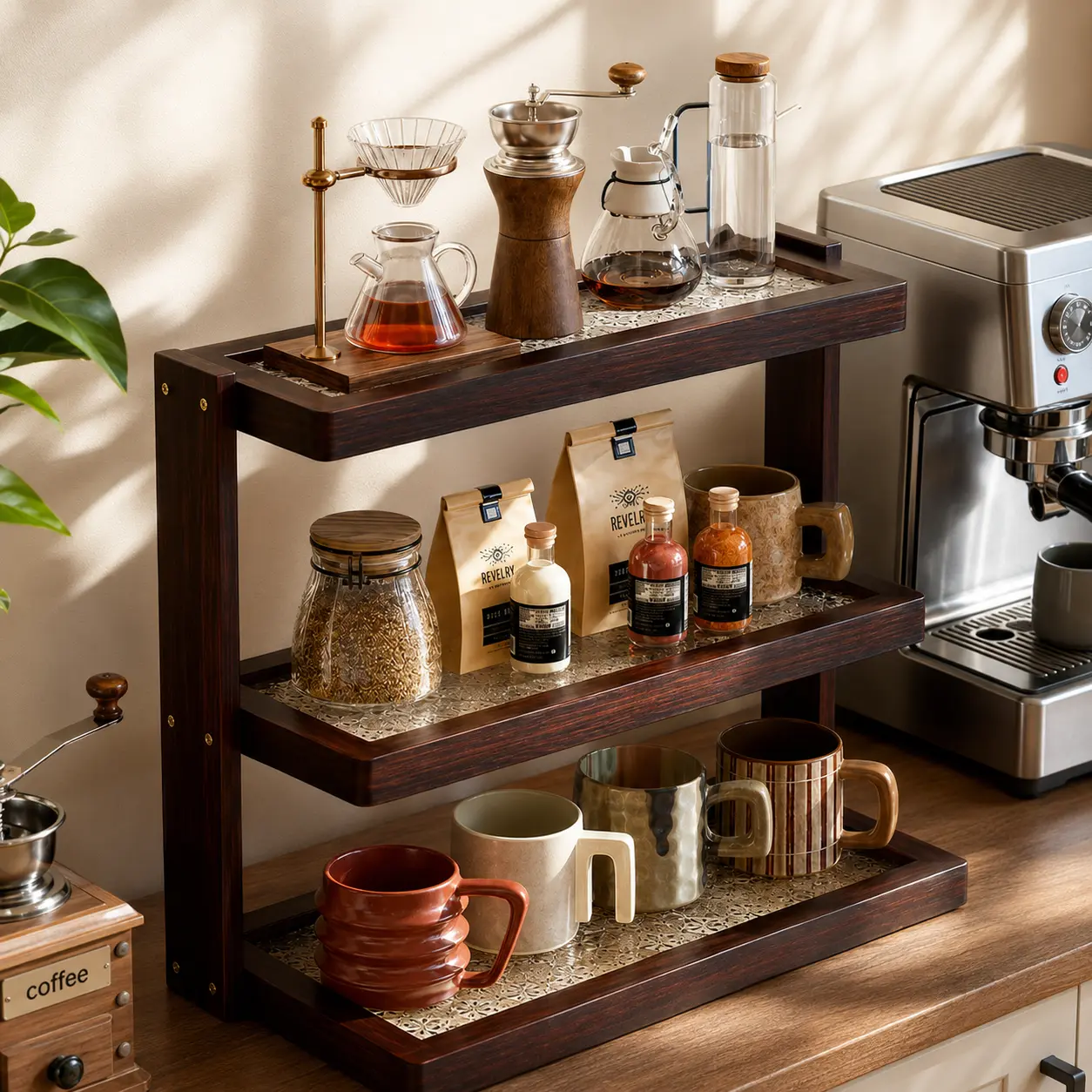 2-Tier & 3-Tier Wooden Coffee Station Organizer, Countertop Shelf for Mugs, Coffee Beans, Tea, Cups and Coffee Bar Accessories, Kitchen and Home Bar Storage Rack