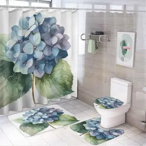 Watercolor blue hydrangea pattern design, 4-piece shower curtain set, plant flower bathroom decoration, with carpet (bath mat, U-shaped, toilet lid) and 12 durable hooks, non slip floor mat, waterproof forest shower curtain, polyester fiber