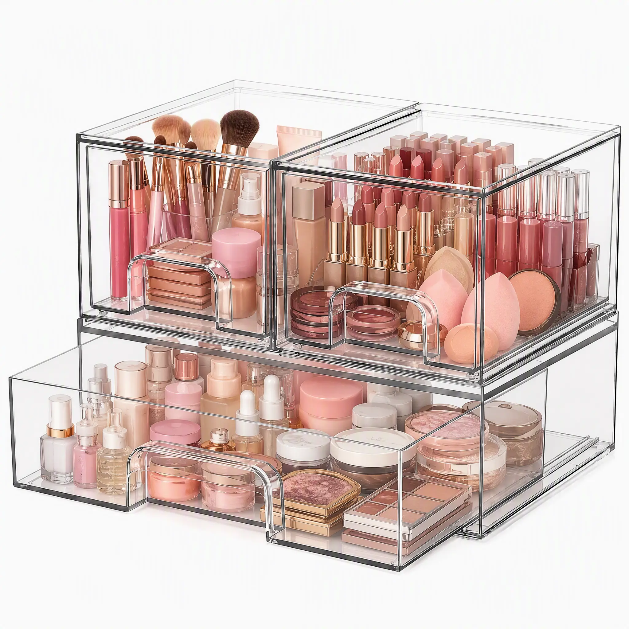 Lumaycens Stackable Clear Plastic Storage Drawers Organizer, 3/4/5 Pack, BPA-Free Multi-Size Cosmetic & Nursery Bottle Storage Bins, Pull-Out Organizer for Makeup, Beauty Supplies, Vanity, Bathroom, Countertop, Cabinet & Pantry, Home Organization