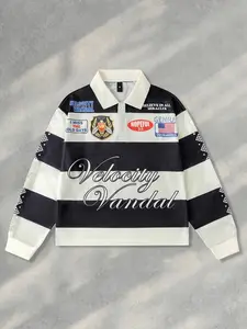 Street striped polo collar long sleeved t-shirt men's black and white striped fashion label long sleeved shirt men's and women's same European and American style casual shirt t-shirt ins style Fitted