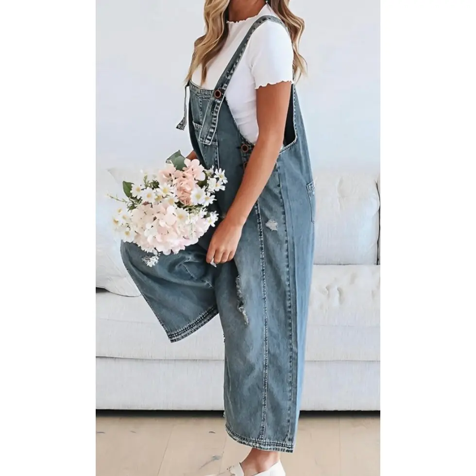 Sandy Around Town Distressed Denim Jumpsuit Overalls