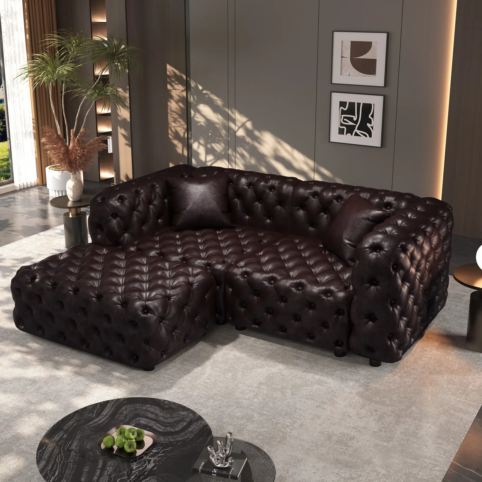 Eyisean 77" Faux Leather Mid-Century 2-Seater Sectional Couch with Fixed Arms, Handmade Button Tufted Design, Deep Seat, Pillows & Ottoman, Leather Tufted Soft-Body Living Room Furniture for Apartment