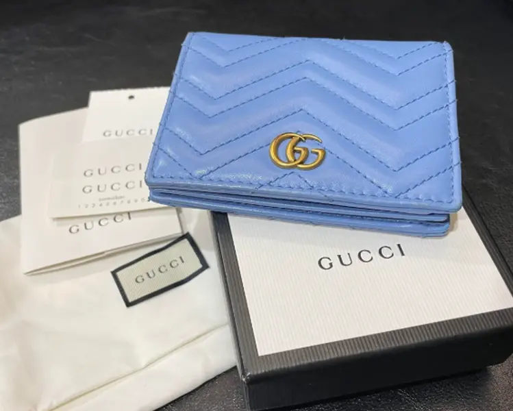 Pre-owned GUCCI Calfskin Small leather goods GG Marmont Light Blue Chevron Quilted Leather Bi Fold Wallet J8071504
