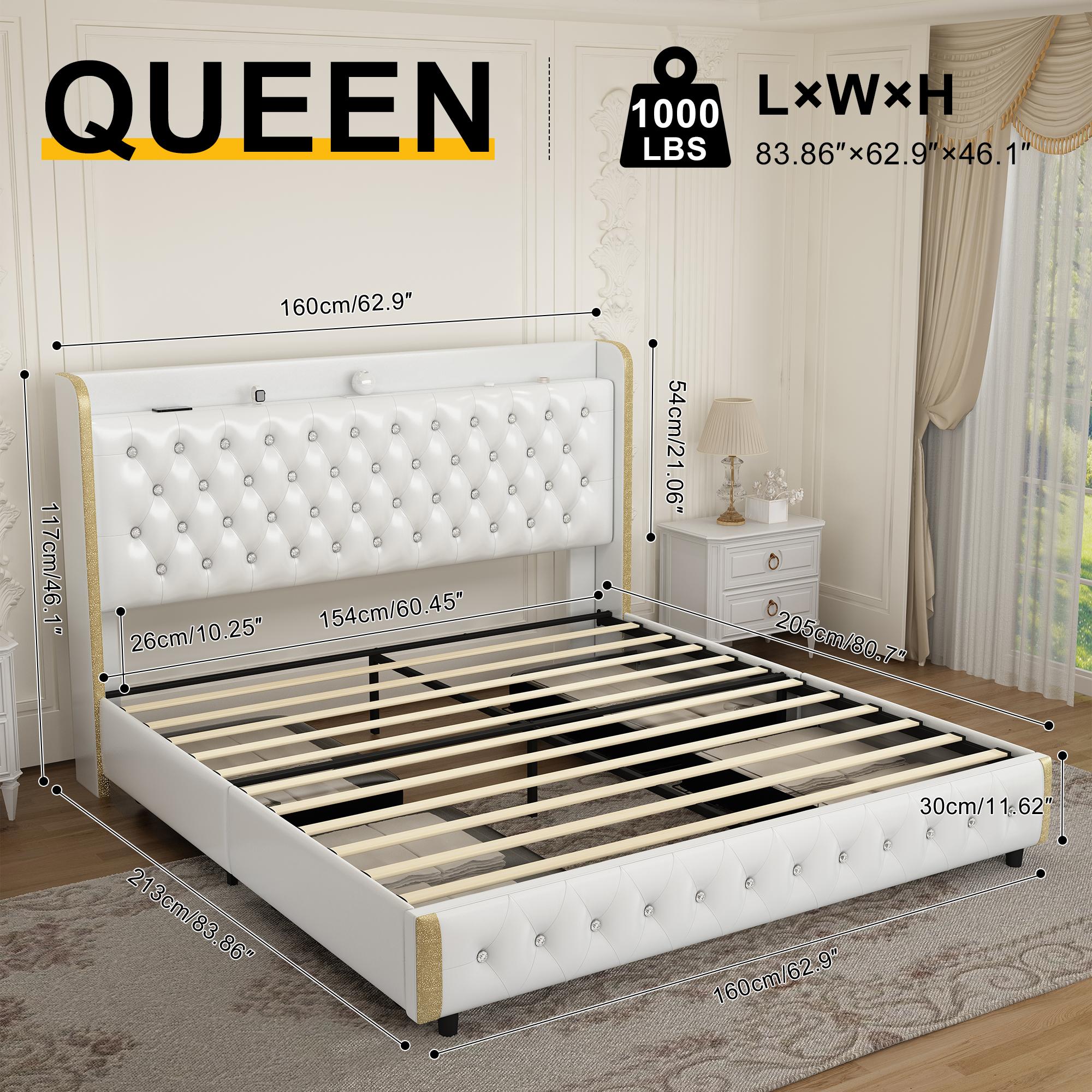 GEGOFORU Queen LED Bed Frame with Galaxy Projector & Bluetooth Speakers, RGB Lights, USB Charging, 4 Storage Drawers, Velvet Upholstered Platform Bed, No Box Spring Needed – White