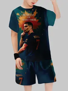 "BE SILENT OR MAKE THEM" Ronaldo Themed Kids Sports Suit, Boys T-shirt & Shorts, Football Training & Casual Two-Piece Set