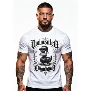 Men's Oversized Raiders Cartoon Duck Graffiti Print T-Shirt, Black & Orange Breathable Cotton Fabric Streetwear Graphic Tee for Fans, Fierce Duck with Splatter Design Casual Top
