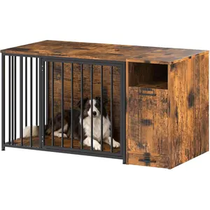 AECOJOY Dog Crate Furniture,Storage Cabinet, 36/42 Inch Wooden & Steel Rustic Brown Kennel for Large & Medium Dogs Escape-Proof Chew-Proof Adjustable Feet End Table