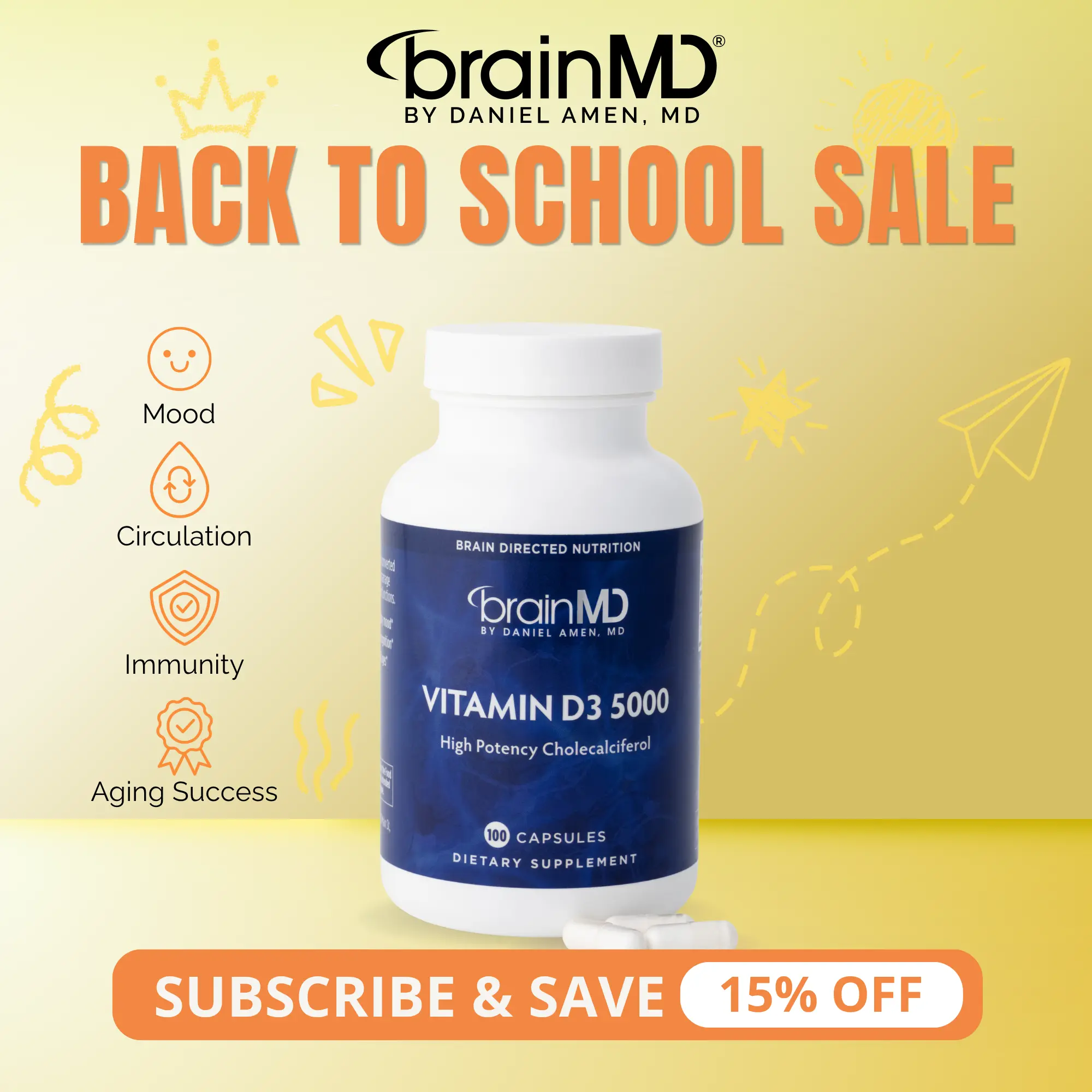 Vitamin D3 5000 | BrainMD | 100 Capsules | Mood & Brain Health Support | Immune & Bone Strength | High-Potency Cholecalciferol 5000 IU