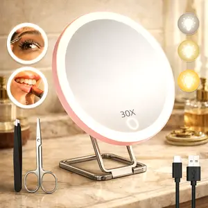 LED Magnifying Mirror - 30X Zoom Compact Stainless Steel Rechargeable Travel Makeup Mirror for Beauty Products, Lightweight, 3 Color-Adjustable Lights, Adjustable Brightness, Metal Stand, Suction Cup Mount