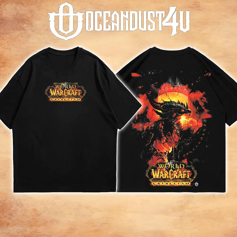 OceanMOB4U World of Warcraft Cataclysm Deathwing Black T-Shirt, Front and Back Dragon Graphic Gaming Tee, Fantasy MMORPG Video Game Shirt, Unisex Gamer Gift
