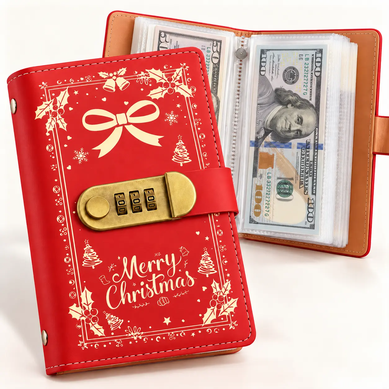 Christmas Large Capacity 50 Pages 3-Ring Binder Cash and Photo Storage Book with Password Lock - Heavy Duty Plastic Cover, Suitable for Money, Stamps, Photo Album Organization Binding System - Office Use, Financial Record Notebook - mm2