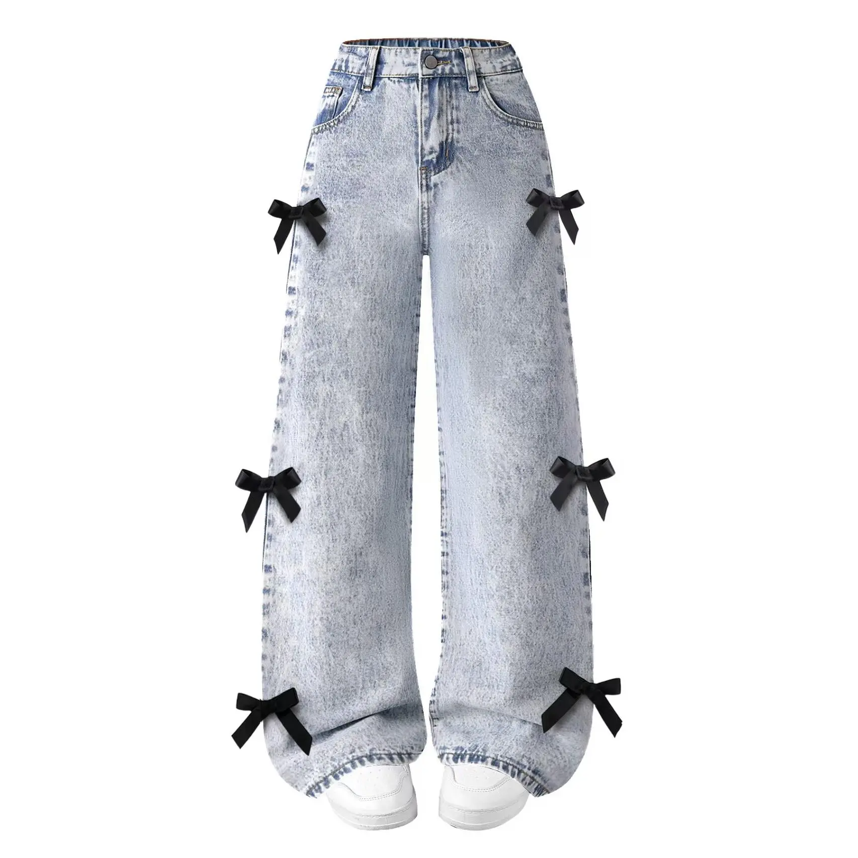 Snowflake Washed Wide Leg Pants for Teen Girls with Cute Bow Decor, Soft and Comfy Loose-Fitting Bottoms for Daily School Streetwear, Cute Clothes For School, Super Flattering, 13 - 14 Years