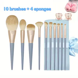 10pcs Blue Makeup Brush Set with Holder & 4pcs Beauty Sponges - Soft Portable Foundation Blush Brushes with Bag, Wooden Handle
