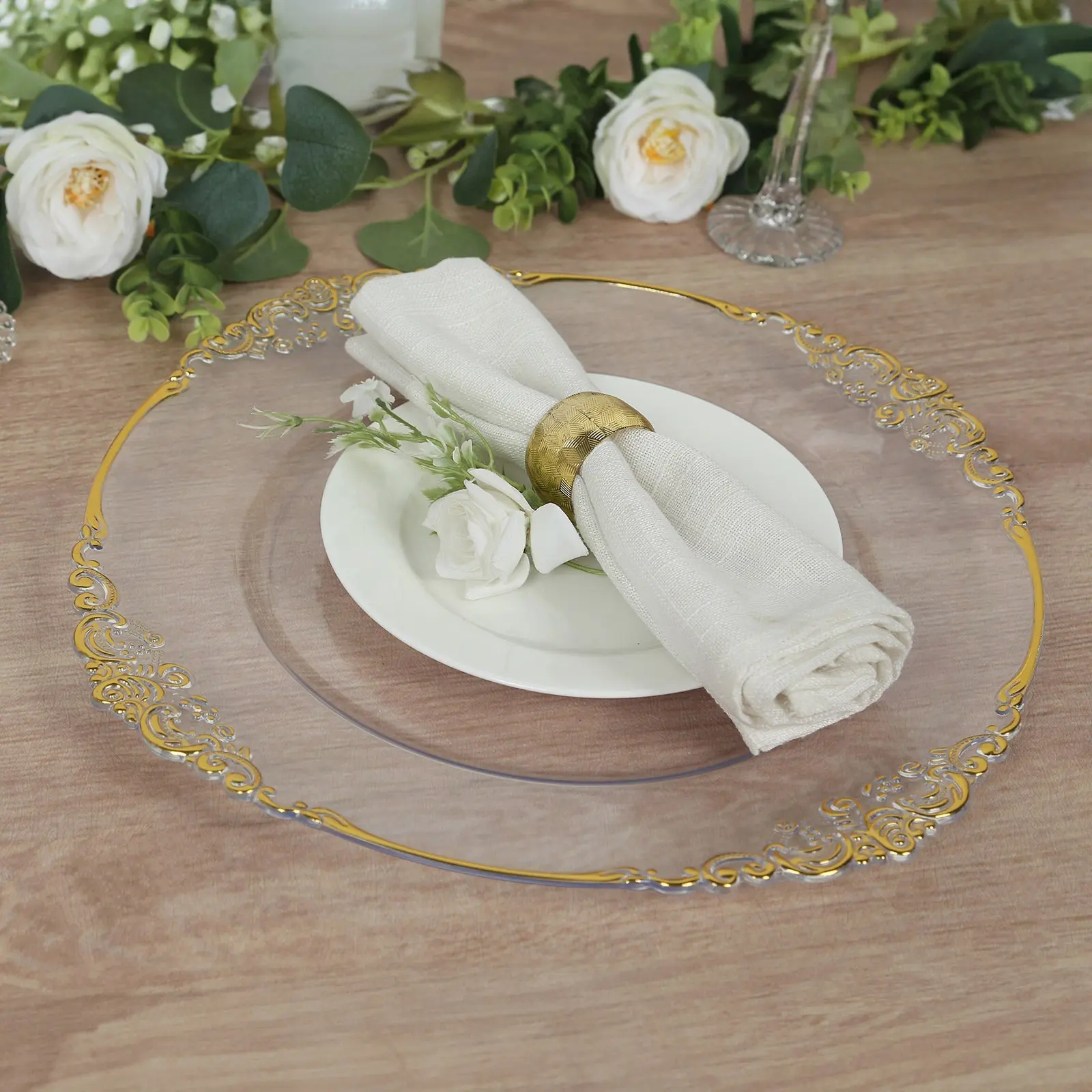 20-Pack Economy Plastic Round Charger Plates 13" in Clear with Gold Embossed Baroque Rim, Stylish Dinner Party Serving Plates