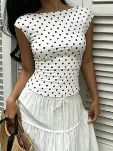 Women's Polka Dot Boat Neck Slim Fit Short Sleeve T-Shirt, Retro 90s Casual Streetwear Style, Soft Stretchy Fabric, Form-Fitting Silhouette, Cap Sleeve & Cropped Hem, Ideal for Daily Commute, Brunch Dates & Trendy Casual Wear, Perfect for Feminine Fashion