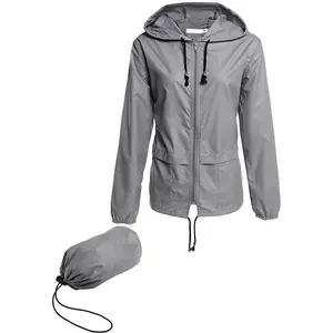 Women Packable Rain Jacket, Outdoor Hooded Windbreaker with Adjustable Drawstring