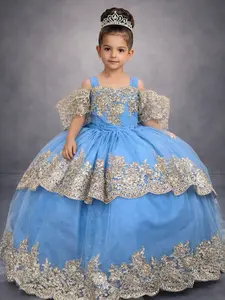 Rendom Girls’ Sky Blue Dress with Gold Appliqués