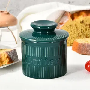Butter Crock for Counter, Ceramic Butter Dish with Lid for Spreadable Butter, Ribbed Butter Keeper with Water Line, Housewarming Gifts, Christmas Kitchen Decor