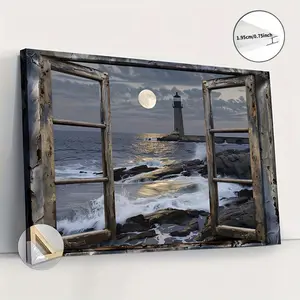 1pc Wooden Framed Canvas Painting Coastal Lighthouse & Beach Scene Modern Nautical Wall Art for Living Room Bedroom Bathroom Decor