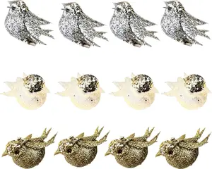 12Pcs Clip-on Glitter Feather Bird Ornaments - Handcrafted Dove Decorations White Gold Silver for Christmas Tree, Wreath, Wedding Centerpiece, Home & Holiday Décor