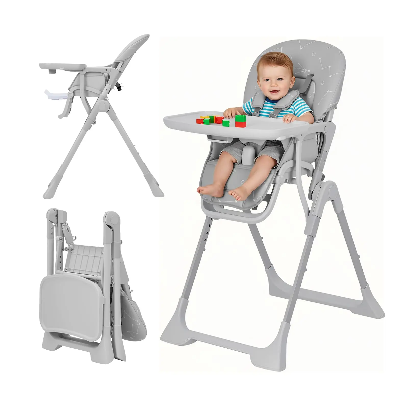Baby High Chair, Foldable Feeding Chairs for Babies and Toddlers, Fast Folding Kids Chair, Adjustable Height/Backrest/Footrest, Removable Tray