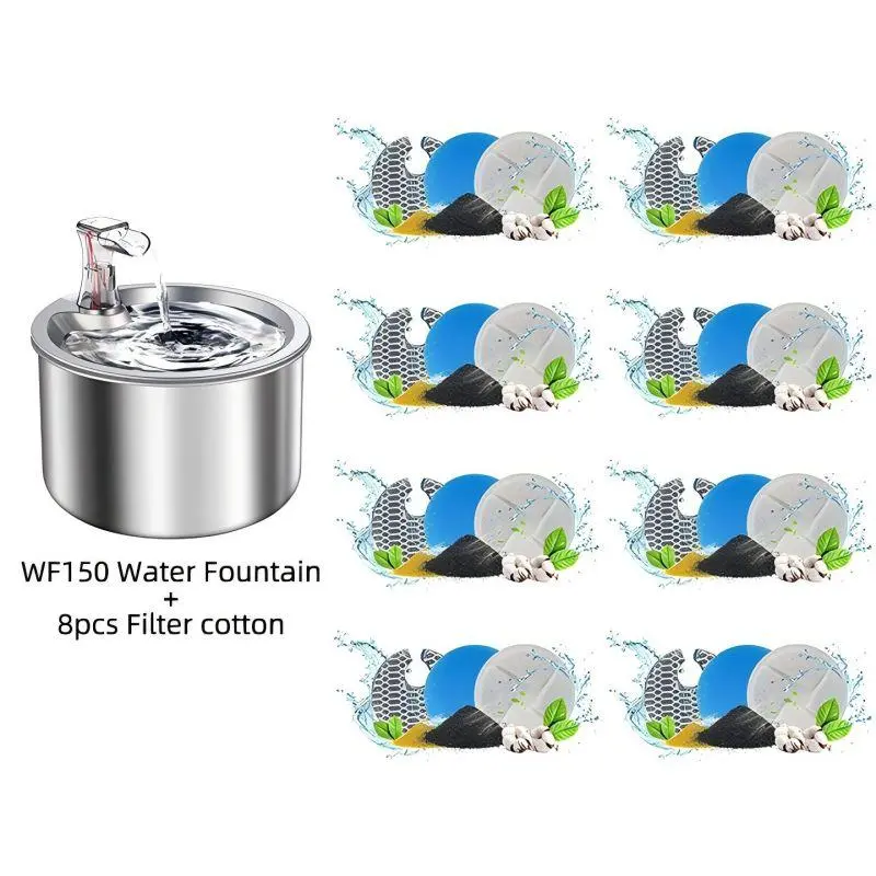 NPET WF150 Food-Grade Stainless Steel Pet Fountain, 2L/67oz Automatic Water Bowl with 8 Filters, USB Powered, Red Buoy, <30db Ultra Quiet Pump, 3-Layer Filtration System for Cats & Dogs (Multiple Pets Suitable)