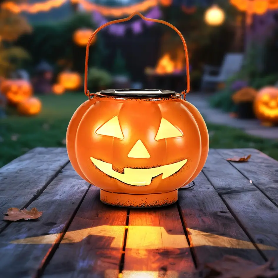 Solar Halloween Pumpkin Lantern - Outdoor Waterproof Metal Hanging/Tabletop Light, Spooky Cute Home Garden Patio Porch Decor for Halloween Parties