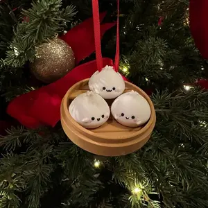 Kawaii Dim Sum Ornament – 3D Printed Bao Trio in Mini Steamer Basket | Cute Christmas Tree Decor