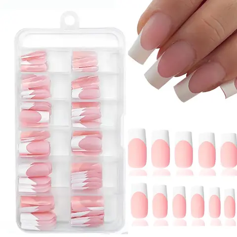 French Tip Press on Nails, 120pcs/set Artificial Matte Pink Fake Nails, Nail Art Kits for Women & Girls, Daily Wear Manicure Decorations