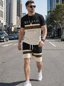 New Men's Letter Print Summer Casual T-Shirt and Shorts Set, Colorblock Striped Sportswear Two-Piece, Comfortable for All Occasions Menswear