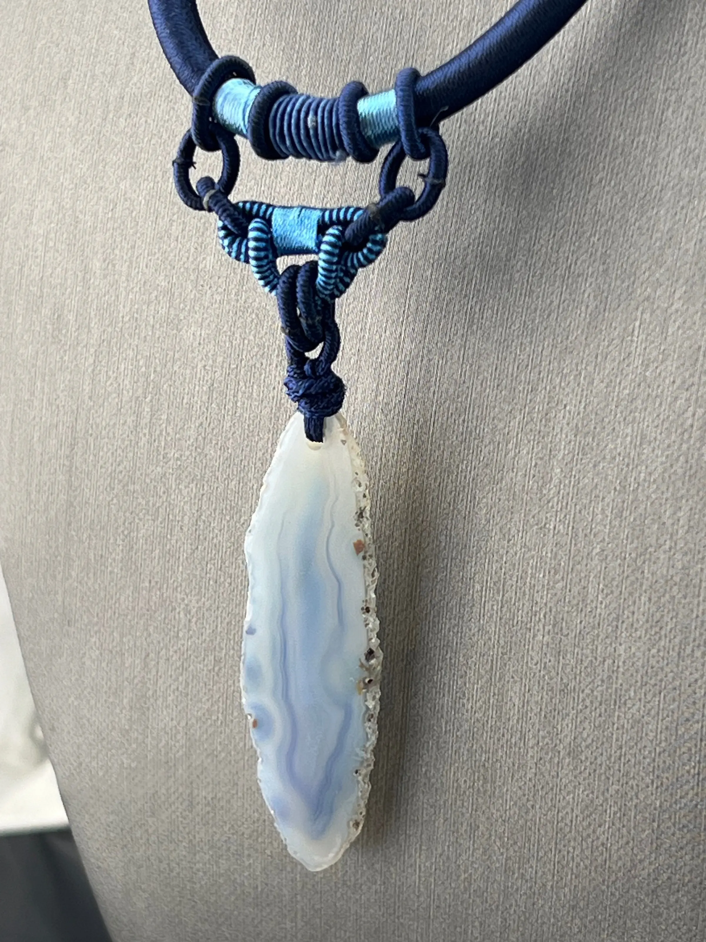 Blue Agate Slice Necklace • Silk Cord Geode Pendant • Raw Crystal Statement Jewelry