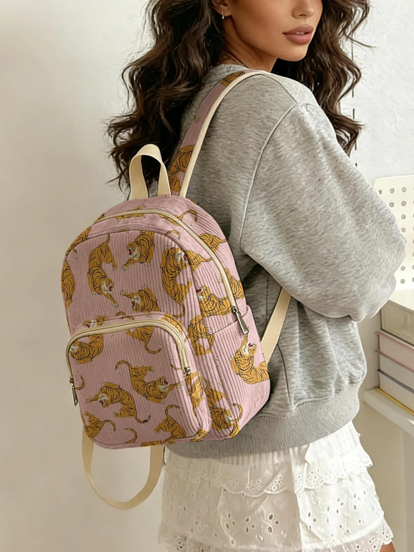 Tiger Pattern Women's Backpack, Corduroy Texture, Layered Storage, Lightweight, Casual Style, All Seasons, Ideal for School, Shopping, Travel