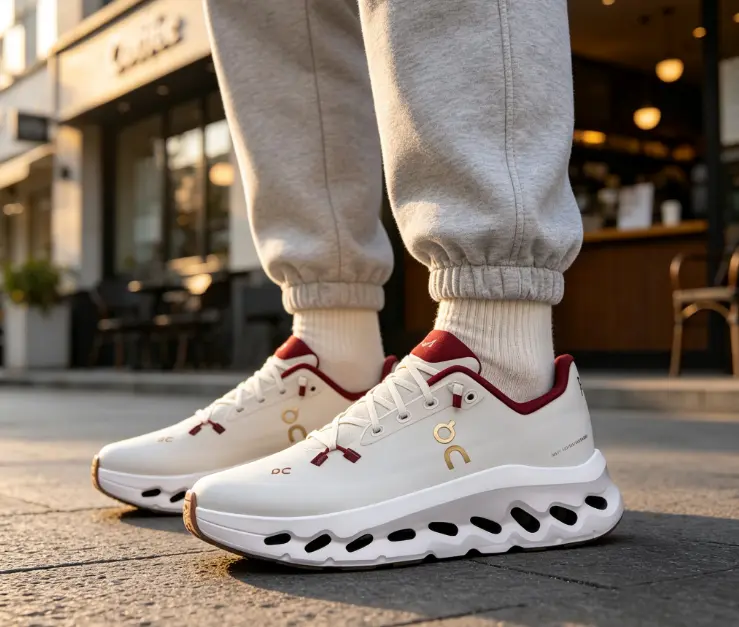 Off White Sneakers with Red Trim, Gold Accent Details, Hollow Wave Chunky Sole, Lightweight Rebound Athletic Shoes for Daily Wear & Jogging