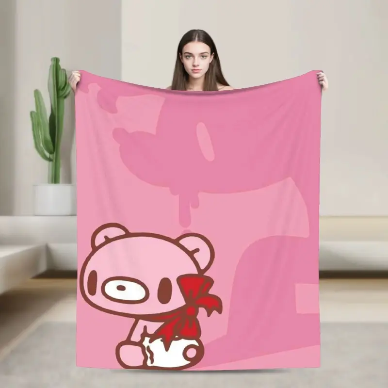 Gloomy Bear Pink Chibi Flannel Blanket Edgy Kawaii Goth Y2K Cozy Throw for Fans Iconic Design Soft Flannel Comfort Durable Print Versatile Decor summerwins