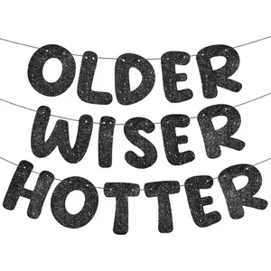 Set of 3 Pre Strung Older Wiser Hotter Glitter Banner Funny Birthday Banner for Women 30th 40th 50th 60th 70th 80th Birthday Party Decorations Sign Gift(Black)