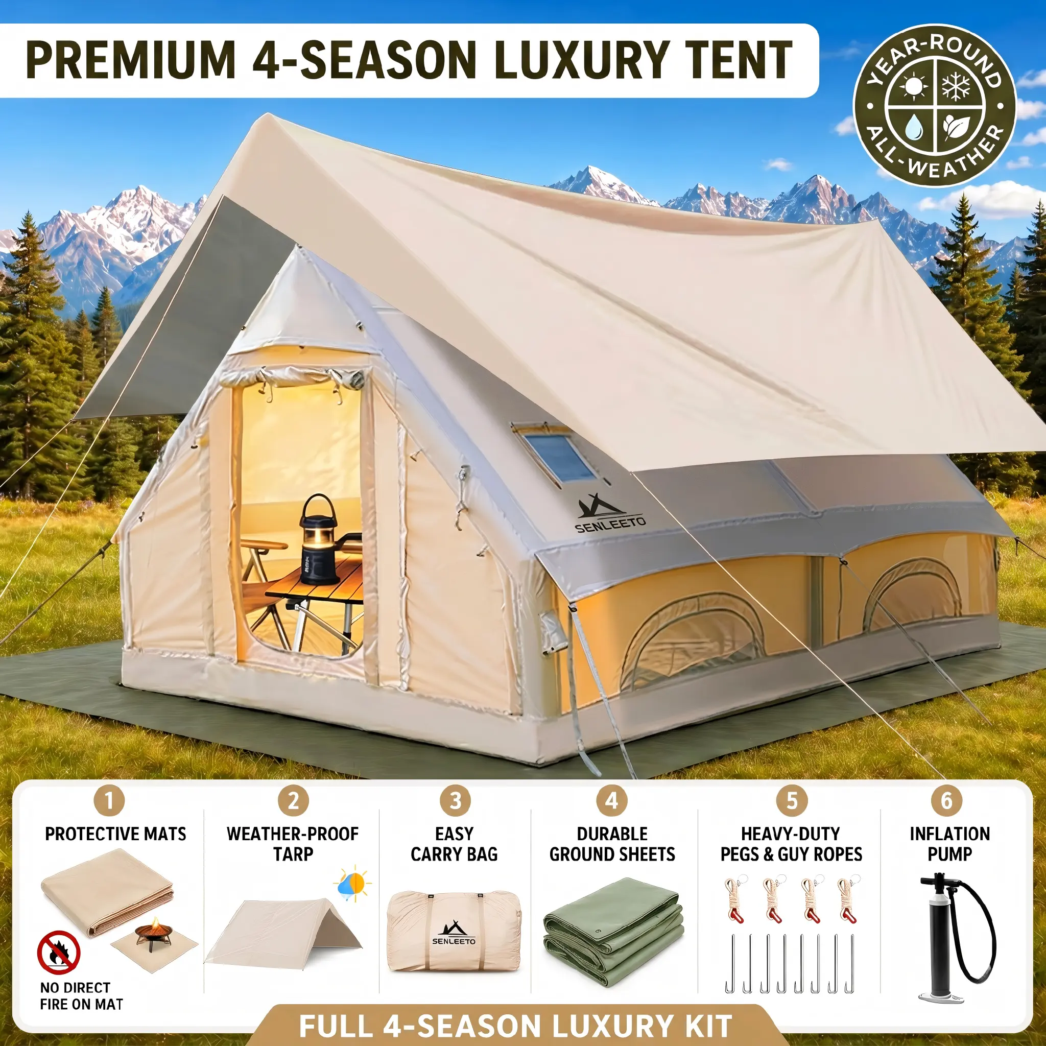 SENLEETO 4-Person Easy Setup Tents for Camping - 129 sq ft, 3-Min Quick Setup, 420D Waterproof Oxford, No AC Vent, Portable Glamping Cabin with Pump, Rainfly, Ground Mat, Fireproof Mat